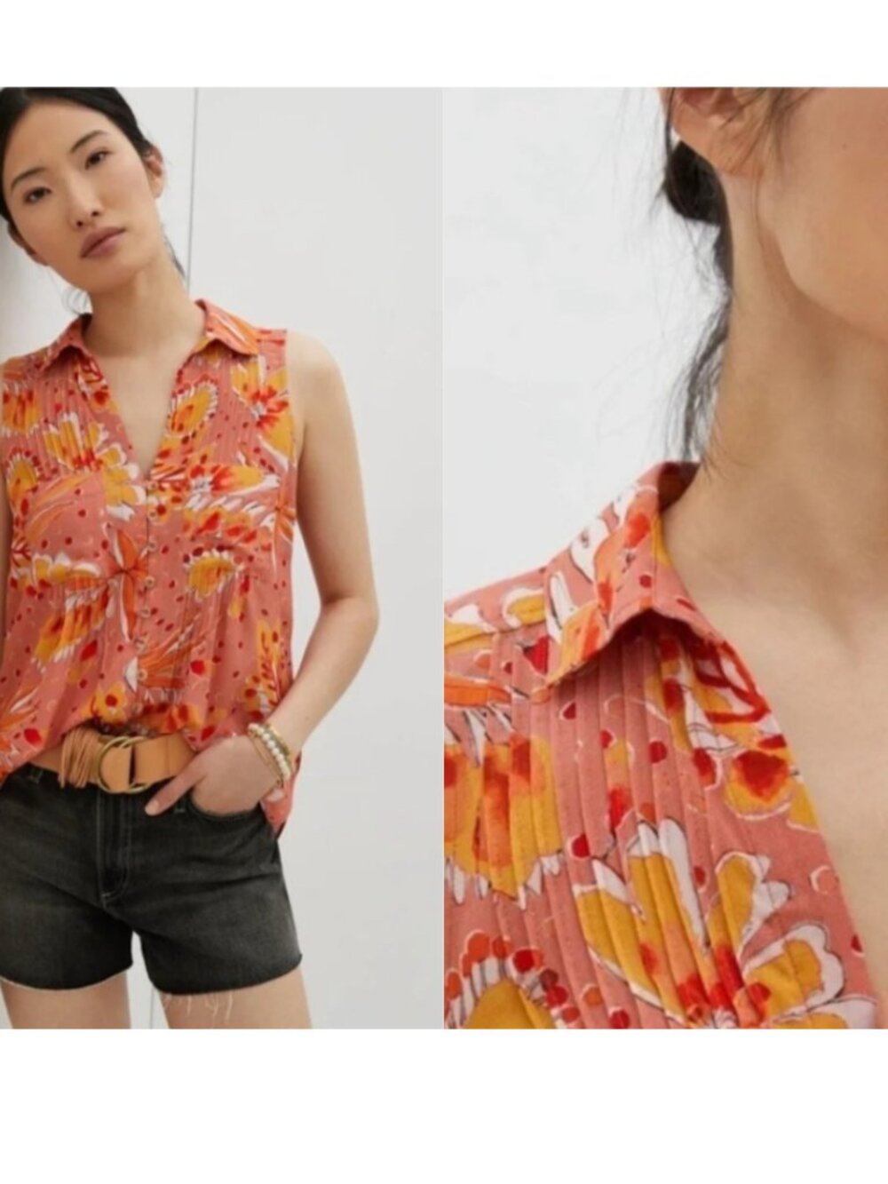 ☀️ ANTHROPOLOGIE VERA Pink Orange Floral Pintuck Sleeveless Button Front Top XS